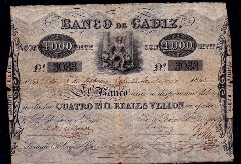 662   -  BANCO DE CÁDIZ. 4000 reales de vellón. 1855. I emisión. ED-A71. Rotura en la esquina inferior izq. MBC-. Muy escasa.