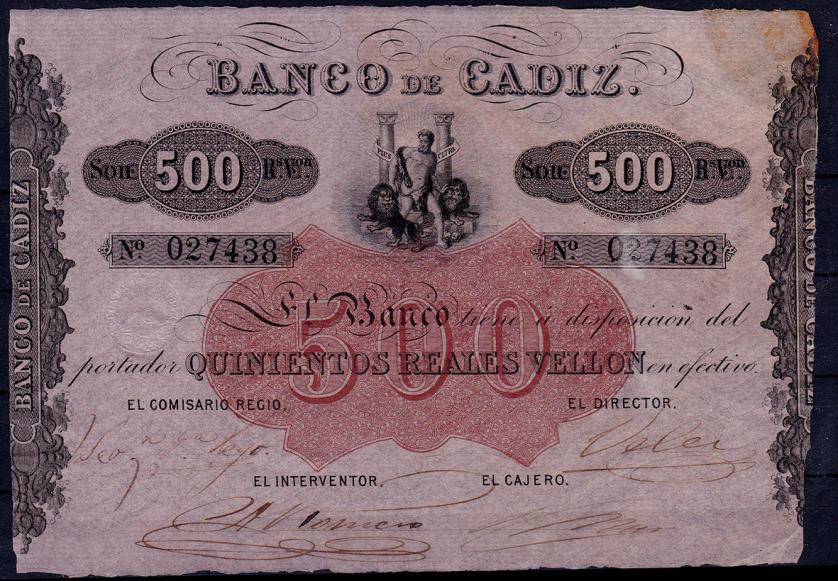663   -  BANCO DE CÁDIZ. 500 reales de vellón. Sin fecha. III emisión. ED-A76. Mancha en la esquina inferior der. EBC.