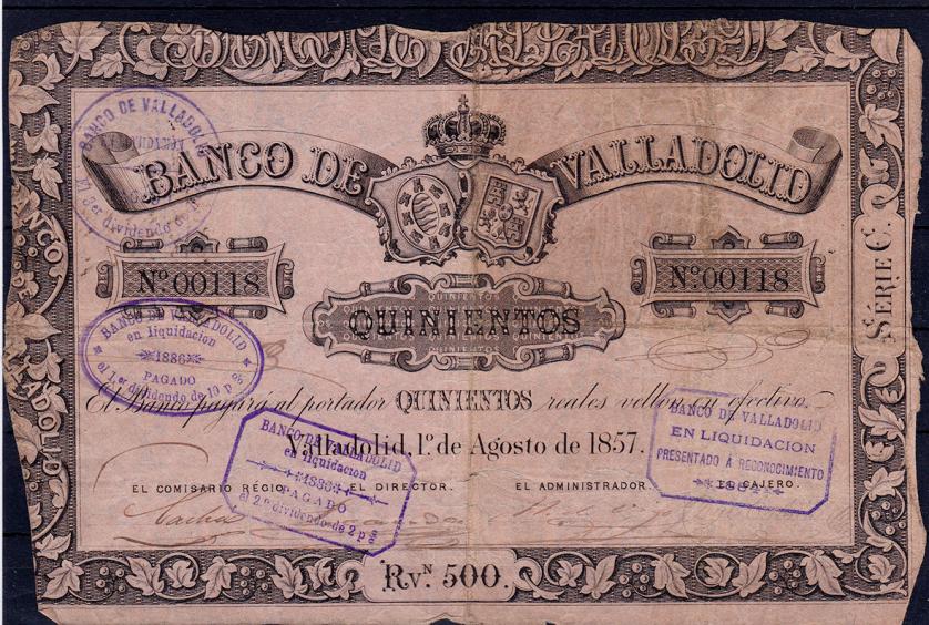 665   -  BANCO DE VALLADOLID. 500 reales de vellón. 1857. ED-A124. Curiosa cuenta de cinco líneas realizada en el rev. BC+.