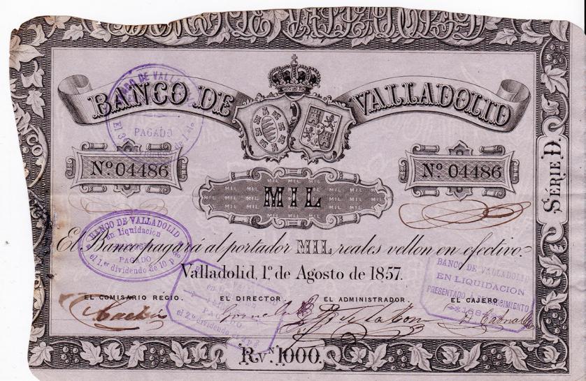 666   -  BANCO DE VALLADOLID. 1000 reales de vellón. 1857. ED-A125. Restaurado en el lateral izquierdo. Manchitas de óxido. MBC. Muy escasa.