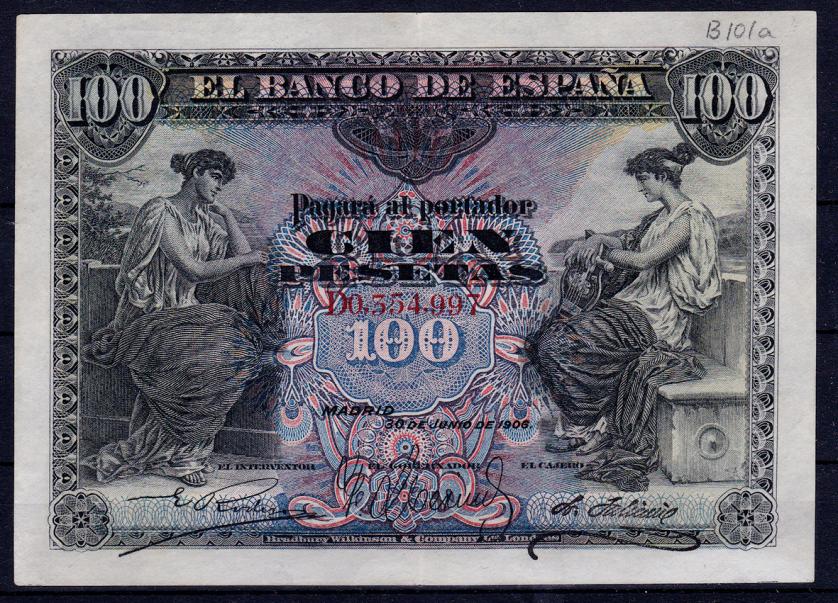 667   -  BANCO DE ESPAÑA. 100 pesetas. 6-1906. Serie D. ED-B97a. En el margen superior anotación B101a a lápiz. MBC+.