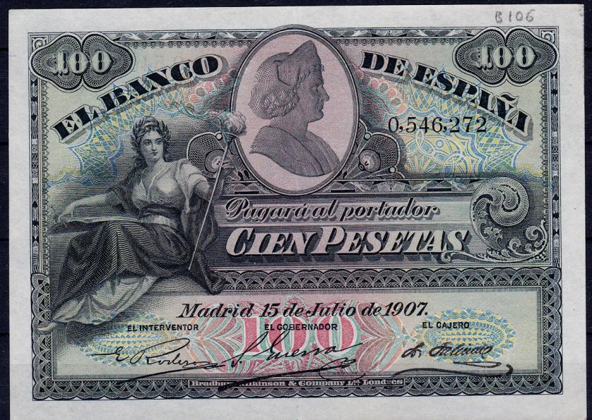 669   -  BANCO DE ESPAÑA. 100 pesetas. 7-1907. Sin serie. ED-B104. En el margen superior anotación B106 a lápiz. EBC-.