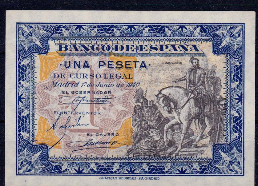673   -  BANCO DE ESPAÑA. 1 peseta. 6-1940. Serie E. ED-D42a. Pequeña marca en rev. SC.