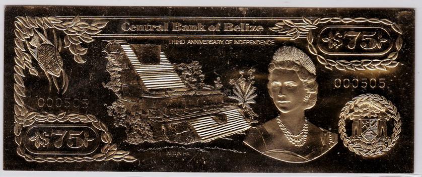681   -  BELICE. 75 dólares S/F. Tercer aniversario de la Independencia (1984). Emitido en plancha metálica dorada. Nº 505.