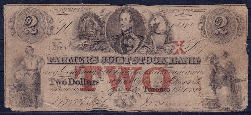 682   -  CANADÁ. 2 dólares. Farmer's Joint Stock Bank, Toronto, 1849. Pick-S1767. BC. Escaso.