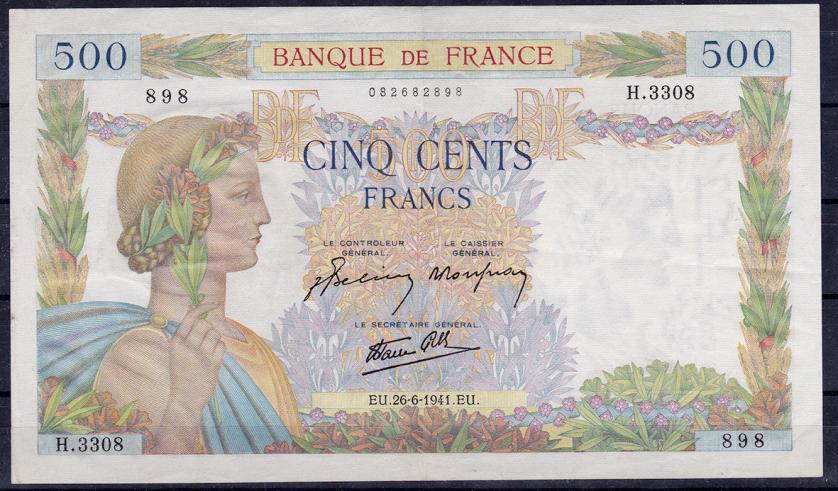 685   -  FRANCIA. 500 francos. 26-6-1941. Pick-95b. MBC+.