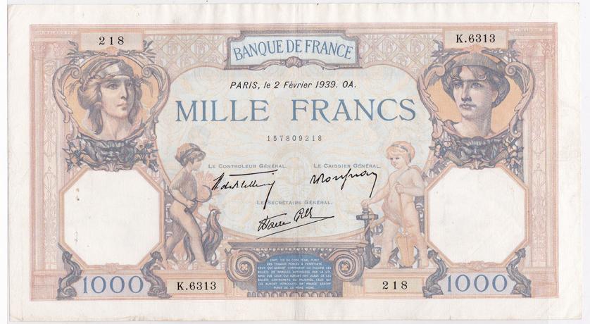 687   -  FRANCIA. 1000 francos. 2-2-1939. Pick-90. Pequeños puntos de óxido. MBC+.