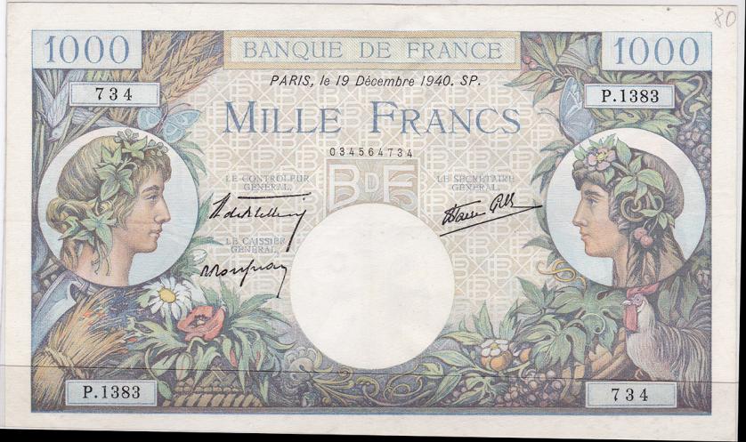 688   -  FRANCIA. 1000 francos. 19-12-1940. Pick-96a. Grafiti 80a a lápiz en la esquina superior derecha. MBC+.