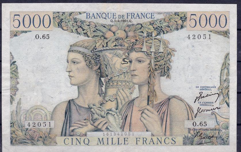 690   -  FRANCIA. 5000 francos. 1-4-1951. Pick-131c. Restaurado. MBC.