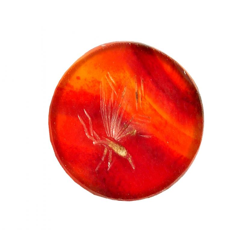 741   -  ROMA. Imperio Romano. Sardonyx melado. Entalle con representación de mosquito a izquierda. Diámetro: 13 mm. Procedente de colección privada española años 1970-80.