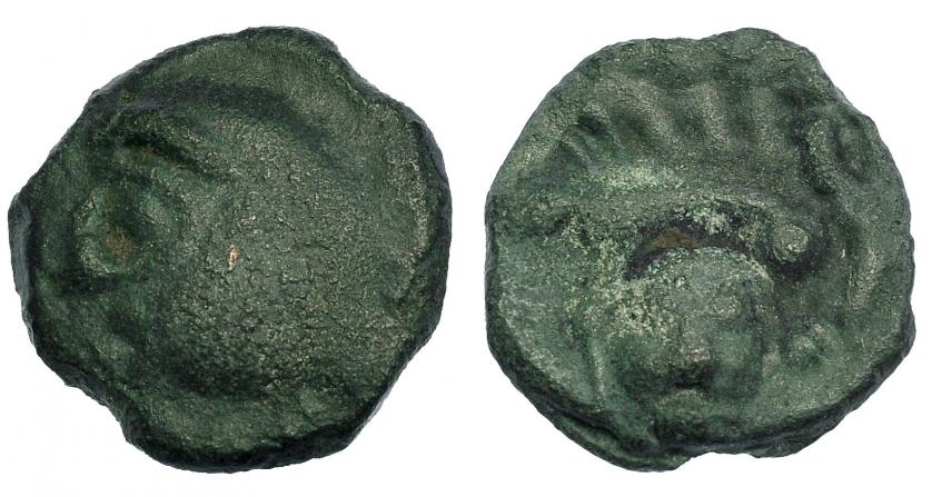 98   -  GALIA. Leucos. Potin (c. 100-50 a.C.). A/ Cabeza a izq. R/ Jabalí a izq., debajo lirio creciendo. LT-9078. BLA-403. SBG-141. MBC-.