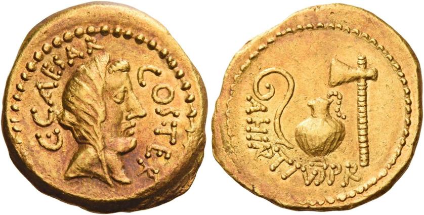 1   -  C.IULIUS CAESAR AND A. HIRTIUS. Aureus. AV 8.12 g. C CAESAR – COS TER Veiled head of Vesta r. Rev. A·HIRTIVS·P·R Lituus, jug and axe. Struck on a very broad flan and with a superb reddish tone. Good extremely fine