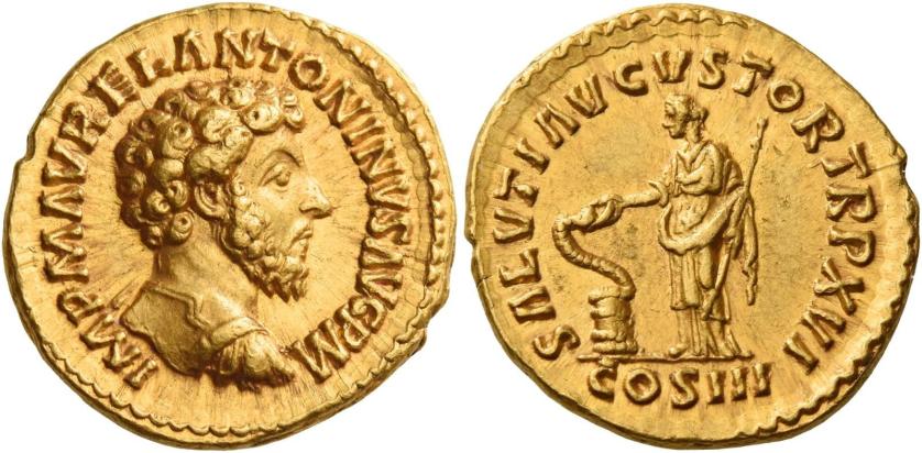 101   -  MARCUS AURELIUS AUGUSTUS. Aureus.  AV 7.35 g. IMP M AVREL ANTONINVS AVG P M Bare-headed and cuirassed bust r. Rev. SALVTI AVGVSTOR TR P XVI Salus standing l., feeding out of patera in r. hand snake coiled around altar and holding transverse sceptre in l., in exergue, COS III. C 559 var. (also draped). BMC p. 410, * var. (also draped). RIC 56 var. (also draped). Calicó 1911 (this coin). Good extremely fine.