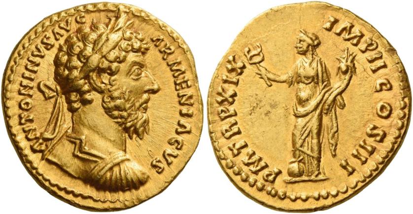 102   -  MARCUS AURELIUS AUGUSTUS. Aureus.  AV 7.35 g. IMP M AVREL ANTONINVS AVG P M Bare-headed and cuirassed bust r. Rev. SALVTI AVGVSTOR TR P XVI Salus standing l., feeding out of patera in r. hand snake coiled around altar and holding transverse sceptre. Good extremely fine.