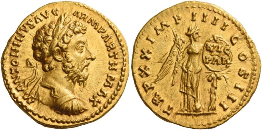 104   -  MARCUS AURELIUS AUGUSTUS. Aureus. AV 7.26 g. M ANTONINVS AVG – ARM PARTH MAX Laureate and cuirassed bust r. Rev. TR P XX IMP IIII COS III Victory standing facing, head r., holding palm branch in r. hand and fixing to a palm tree a shield inscribed VIC / PAR. Perfectly struck and centred on a full flan. Virtually as struck and almost Fdc.