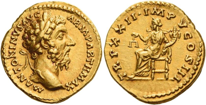 106   -  MARCUS AURELIUS AUGUSTUS. Aureus. AV 7.30 g. M ANTONINVS AVG – ARM PARTH MAX Laureate head r. Rev. TR P XXII IMP V COS III Aequitas seated l. holding scales and cornucopia. Lovely reddish tone and good extremely fine.