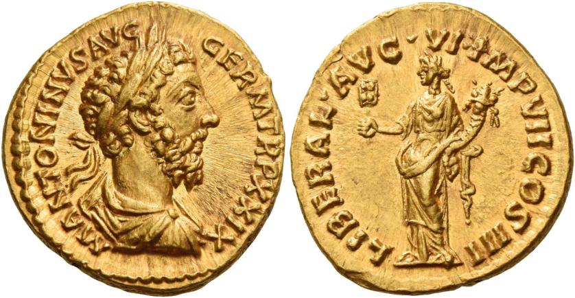 108   -  MARCUS AURELIUS AUGUSTUS. Aureus.  AV 7.32 g. M ANTONINVS AVG – GERM TR P XXIX Laureate, draped and cuirassed bust r. Rev. LIBERAL AVG VI IMP VII COS III Liberalitas standing l., holding abacus in r. hand and cornucopia in l. Virtually as struck and almost Fdc.