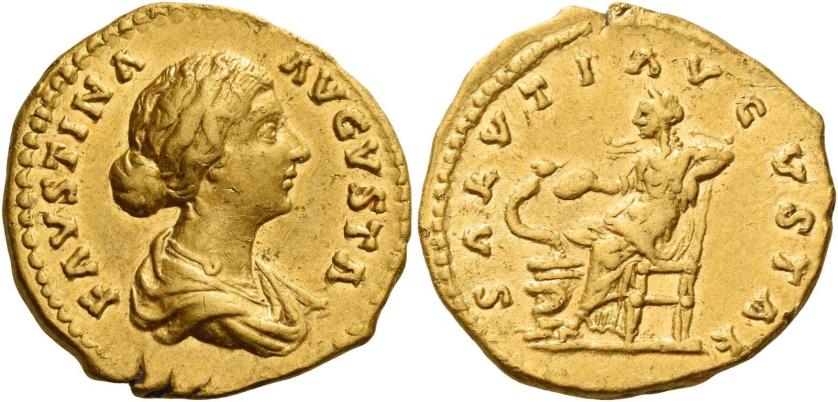 120   -  FAUSTINA II. Aureus. AV 7.23 g. FAVSTINA – AVGVSTA Draped bust r., hair waved and coiled at back of head. Rev. SALVTI AVGVSTAE Salus seated l., feeding out of patera snake twined around altar. Good very fine.