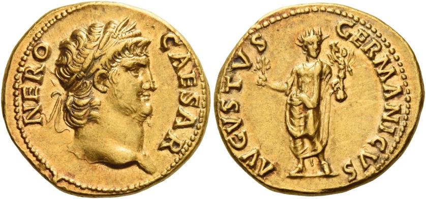 17   -  NERO AUGUSTUS. Aureus.  AV 7.35 g. NERO – CAESAR Laureate and bearded head r. Rev. AVGVSTVS – GERMANICVS Nero, radiate, standing facing, holding branch and Victory on globe. A bold portrait and a pleasant light reddish tone. Extremely fine.