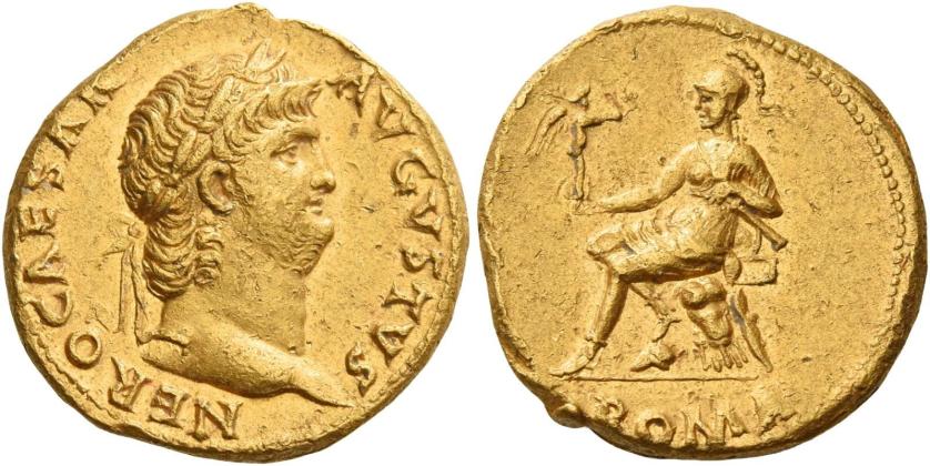 19   -  NERO AUGUSTUS. Aureus.  AV 7.26 g. NERO CAESAR – AVGVSTVS Laureate head r. Rev. Roma seated l. on cuirass, holding Victory in r. hand and parazonium in l.; in exergue, ROMA. Matt surface and several marks, otherwise about extremely fine.