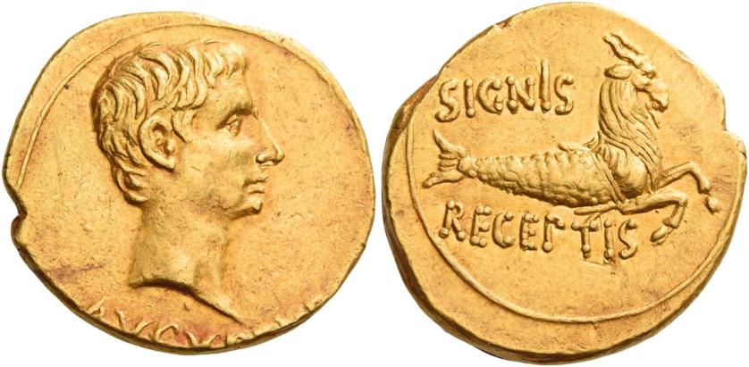 2   -  OCTAVIAN AS AUGUSTUS. Aureus.  AV 7.97 g. AVGV[STVS] Bare head r. Rev. SIGNIS / RECEPTIS Capricorn r. C 263.Very rare. Wonderful reddish tone, almost invisible marks,
otherwise about extremely fine / good extremely fine.