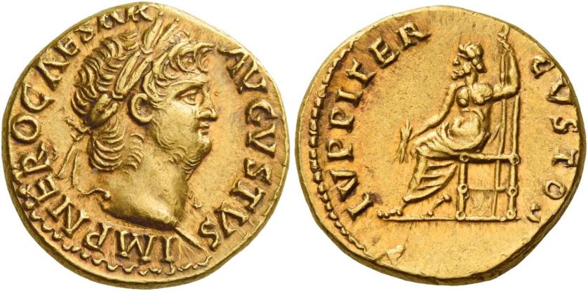 20   -  NERO AUGUSTUS. Aureus.  AV 7.72 g. IMP NERO CAESAR – AVGVSTVS Laureate head r. Rev. IVPPITER – CVSTOS Jupiter seated l., holding thunderbolt and sceptre. A very attactive portrait and a lovely reddish tone and good extremely fine.