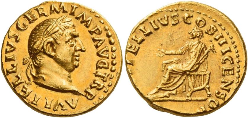23   -  VITELLIUS. Aureus.  AV 7.28 g. A VITELLIVS GERM IMP AVG TR P Laureate head r. Rev. [L VI]TELLIVS COS III CENSOR Lucius Vitellius, togate, seated l. on curule chair, feet on stool, holding eagle-tipped sceptre in l. hand and extending r. Very rare and in superb condition for this difficult issue. A bold portrait struck in high relief and a lovely light reddish tone. Slightly off-centre on reverse, otherwise good extremely fine.
