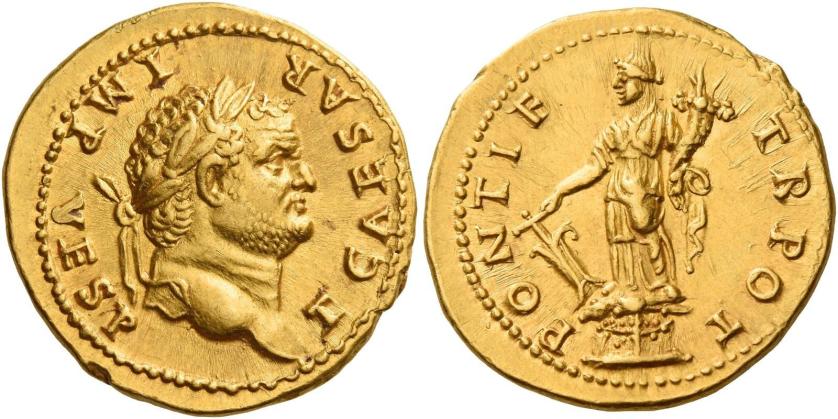 29   -  TITUS CAESAR. Aureus. AV 7.30 g. T CAESAR – IMP VESP Laureate head r. Rev. PONTIF – TR POT Fortuna standing l. on garlanded base, holding rudder and cornucopia. A superb portrait of excellent style struck in high relief on a very broad flan. Good extremely fine.