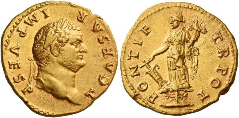 30   -  TITUS CAESAR. Aureus. AV 7.18 g. T CAESAR – IMP VESP Laureate head r. Rev. PONTIF – TR POT Fortuna standing l. on garlanded base, holding rudder and cornucopia. Extremely fine.