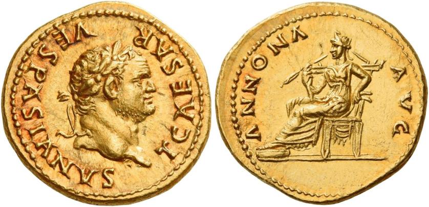 32   -  TITUS CAESAR. Aureus.  AV 7.40 g. T CAESAR VESPASIANVS Laureate head r. Rev. ANNONA – AVG Annona seated l., holding cornucopia. A superb portrait of fine style perfectly struck and centred on a very large flan. Superb reddish tone and virtually as struck and almost Fdc.