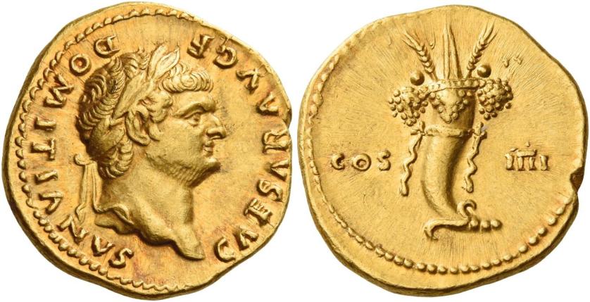 35   -  DOMITIAN CAESAR. Aureus.  AV 7.20 g. CAESAR AVG F DOMITIANVS Laureate head r. Rev. COS – IIII Cornucopia tied up with ribbons. Wonderful light reddish tone and extremely fine.