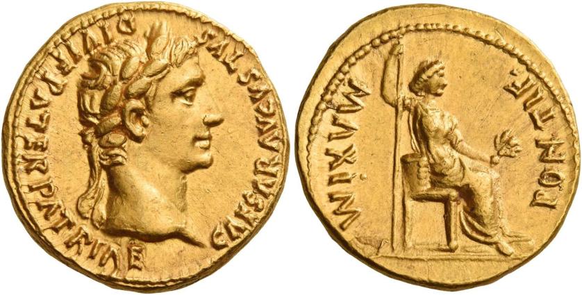 4   -  OCTAVIAN AS AUGUSTUS. Aureus.AV 7.56 g. CAESAR AVGVSTVS – DIVI F PATER.  PATRIAE Laureate head r. Rev. PONTIF – MAXIM Pax-Livia figure seated r., holding vertical sceptre and branch.A bold portrait struck on a very broad flan. Good extremely fine