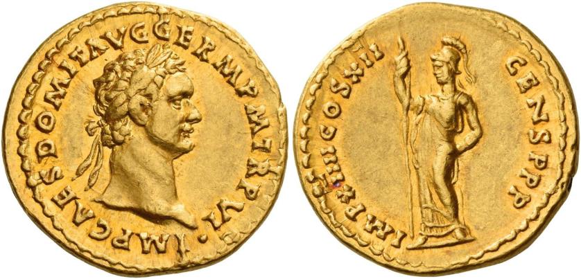 41   -  DOMITIAN AUGUSTUS. Aureus. AV 7.69 g. IMP CAES DOMIT AVG GERM P M TR P VI Laureate head r. Rev. IMP XIIII COS XII CENS P P P Minerva standing l., holding spear in r. hand. Very rare. A lovely portrait perfectly centred on a very large flan. Light reddish tone and extremely fine.