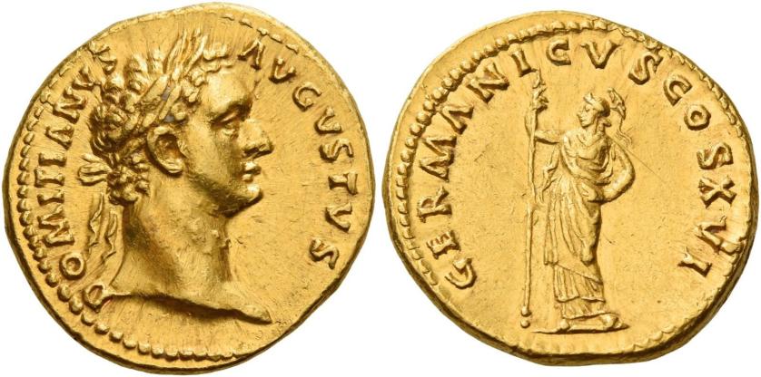 43   -  DOMITIAN AUGUSTUS. Aureus.  AV 7.55 g. DOMITIANVS – AVGVSTVS Laureate head r. Rev. GERMANICVS COS XVI Minerva standing l., holding spear in r. hand. Rare. Struck in high relief and good extremely fine.