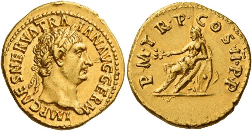 46   -  TRAJAN AUGUSTUS. Aureus. AV 7.47 g. IMP CAES NERVA TRA – IAN AVG GERM Laureate head r. Rev. P M TR P COS II P P Germania seated l. on oblong shields, holding branch in r. hand and resting l. arm on shields. Below, between shields, helmet. Struck on a very broad flan, several minor marks, otherwise extremely fine.