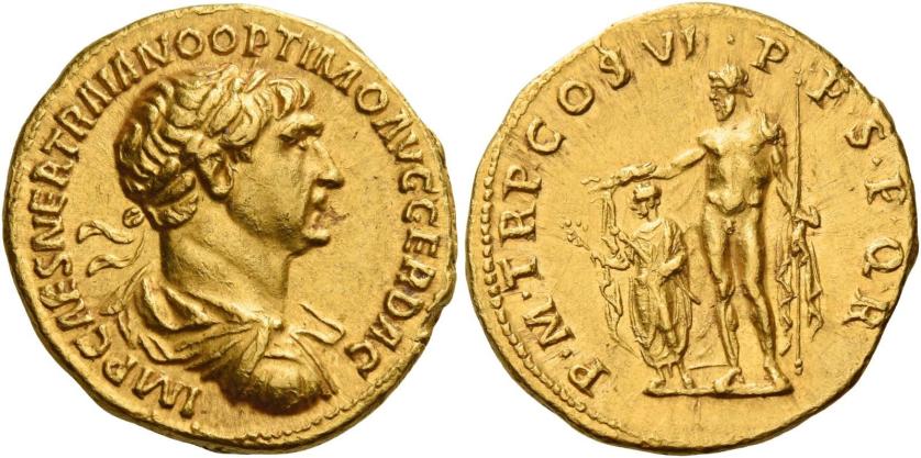 50   -  TRAJAN AUGUSTUS. Aureus. AV 7.24 g. IMP CAES NER TRAIANO OPTIMO AVG GER DAC Laureate, draped and cuirassed bust r. Rev. P M TR P COS VI P P S P Q R Jupiter standing l., holding a long sceptre in l. hand and a thunderbolt in r. over a smaller figure of Trajan, togate, standing l. holding a branch in r. hand and a small sceptre in l. C 268 var. (not cuirassed). Extremely fine.