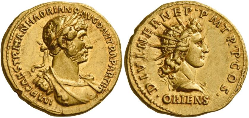 52   -  HADRIAN AUGUSTUS. Aureus. AV 7.35 g. IMP CAES TRAIAN HADRIANO AVG DIVI TRA PARTH F Laureate, draped and cuirassed bust r. Rev. DIVI NER NEP·P M TR·P·COS· Radiate bust of Sol r.; below, ORIENS. Rare and in exceptional condition for the issue. Two portraits of fine style struck in high relief on a full flan. Good extremely fine.