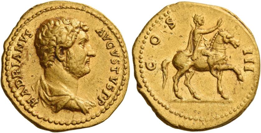 58   -  HADRIAN AUGUSTUS. Aureus.  AV 7.37 g. HADRIANVS – AVGVSTVS P P Bare-headed and draped bust r. Rev. COS – III Hadrian on horse pacing r., raising r. hand. A bold portrait, several minor marks, otherwise good very fine.