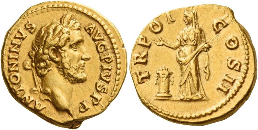 65   -  ANTONINUS PIUS AUGUSTUS. Aureus. AV 7.07 g. ANTONINVS – AVG PIVS P P Laureate head r. Rev. TR POT – COS II Pietas standing l. by altar, raising r. hand and holding box of incense. About extremely fine