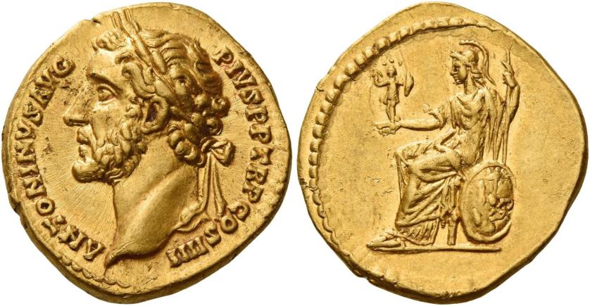 70   -  ANTONINUS PIUS AUGUSTUS. Aureus.  AV 7.26 g. ANTONINVS AVG – PIVS P P TR P COS IIII Laureate head l. Rev. Roma seated left holding palladium and spear; at side, shield. Almost invisible marks on obverse, otherwise about extremely fine / extremely fine.