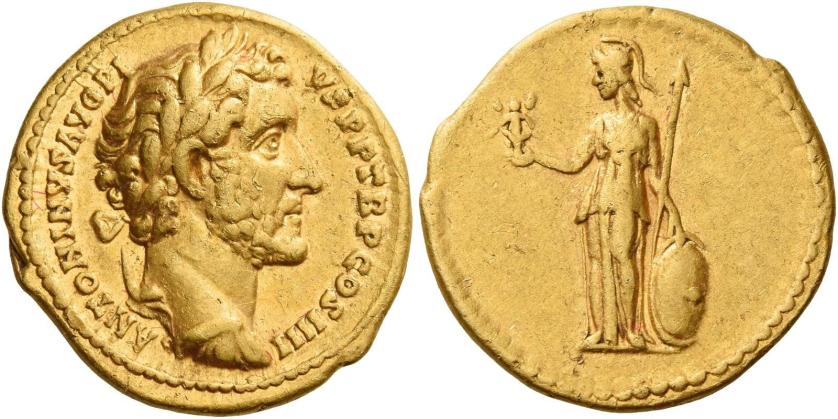 71   -  ANTONINUS PIUS AUGUSTUS. Aureus.  AV 7.31 g. ANTONINVS AVG PI – VS P P TR P COS IIII Laureate and cuirassed bust r. Rev. Minerva standing l., holding Victory and resting l. hand on shield; against her l. arm, spear. Good very fine.