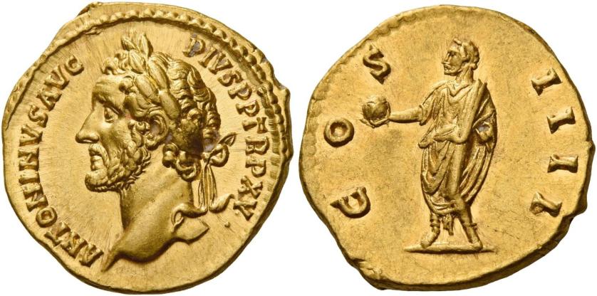 76   -  ANTONINUS PIUS AUGUSTUS. Aureus.  AV 7.18 g. ANTONINVS AVG – PIVS P P TR P XV Laureate head l. Rev. CO – S – IIII Antoninus, togate, standing l., holding globe in extended r. hand and scroll in l.  Virtually as struck and almost Fdc.