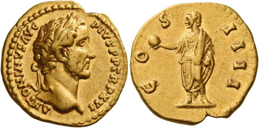 77   -  ANTONINUS PIUS AUGUSTUS. Aureus. AV 7.23 g. ANTONINVS AVG – PIVS P P TR P XVI Laureate head r. Rev. CO – S – IIII Antoninus, togate, standing l., holding globe in extended r. hand and scroll in l. Good very fine / about extremely fine.