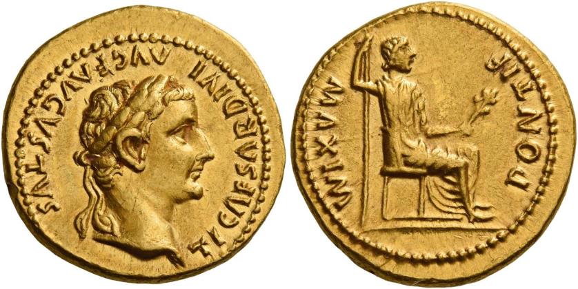 8   -  TIBERIUS AUGUSTUS. Aureus.  AV 7.79 g. TI CAESAR DIVI – AVG F AVGVSTVS Laureate head r. Rev. PONTIF MAXIM Draped female figure (Livia as Pax) seated r. on chair with plain legs, holding long sceptre and branch. A very attractive and unusual portrait of fine style struck on a very broad flan. Extremely fine.