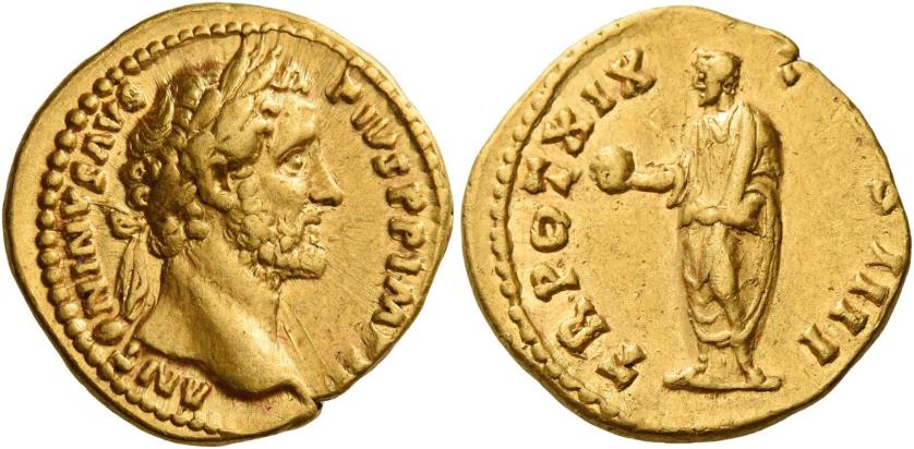 80   -  ANTONINUS PIUS AUGUSTUS. Aureus. AV 7.34 g. ANTONINVS AVG – PIVS P P IMP II Laureate head r. Rev. TR POT XIX – C[O]S IIII Antoninus, togate, standing l., holding globe in r. hand and scroll in l. Good very fine.