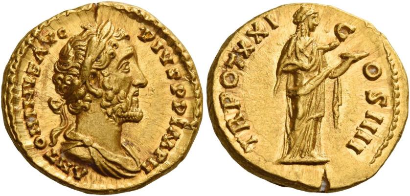 82   -  ANTONINUS PIUS AUGUSTUS. Aureus. AV 7.36 g. ANTONINVS AVG – PIVS P P IMP II Laureate and draped bust r. Rev. TR POT XXI – C – OS IIII Salus standing r., feeding snake, held in her arms, out of patera. Rare. An unobtrusive flan crack at twelve oclock on obverse, otherwise virtually as struck and almost Fdc.