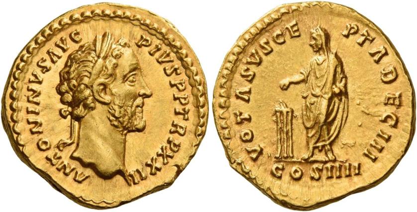 83   -  ANTONINUS PIUS AUGUSTUS. Aureus.   AV 7.27 g. ANTONINVS AVG – PIVS P P TR P XXII Laureate head r. Rev. VOTA SVSCE – PTA DEC III Antoninus, veiled, standing l. and sacrificing over tripod; in exergue COS IIII. Virtually as struck and almost Fdc.