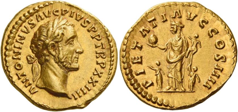 84   -  ANTONINUS PIUS AUGUSTUS. Aureus.  AV 7.31 g. ANTONINVS AVG PIVS P P TR P XXIIII Laureate head r. Rev. PIETATI AVG COS IIII Pietas standing l. between two children, holding globe and child. A magnificent portrait of fine style. Virtually as struck and almost Fdc.