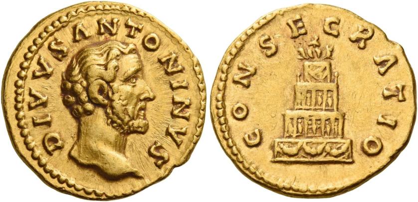 85   -  ANTONINUS PIUS AUGUSTUS. Aureus.  AV 7.27 g. DIVVS – ANTONINVS Bare head r. Rev. CONSECRATIO Decorated and garlanded pyre of four tiers surmounted by quadriga. Rare. About extremely fine.