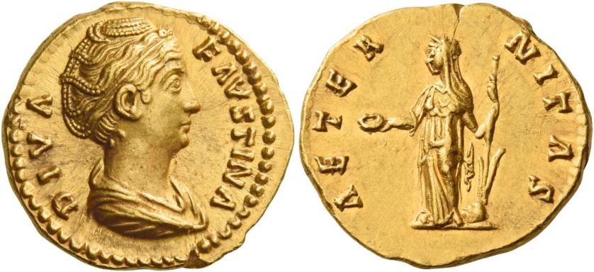 90   -  DIVA FAUSTINA. Aureus. AV 7.31 g. DIVA – FAVSTINA Draped bust r., hair waved and coiled on top of head. Rev. AETER – NITAS Fortuna standing l., holding patera in r. hand and rudder on globe in l. Good extremely fine.
